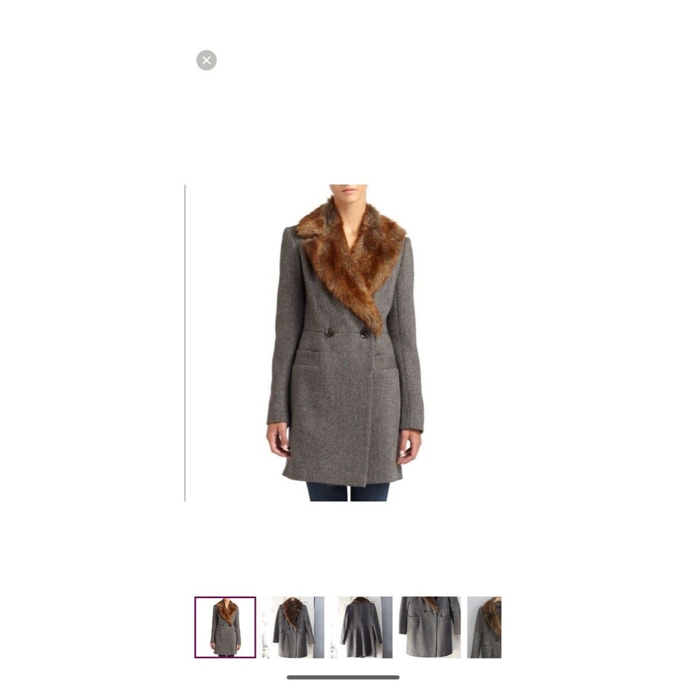 Ladies French Connection Coat With Faux Fur Collar Grey Size 4